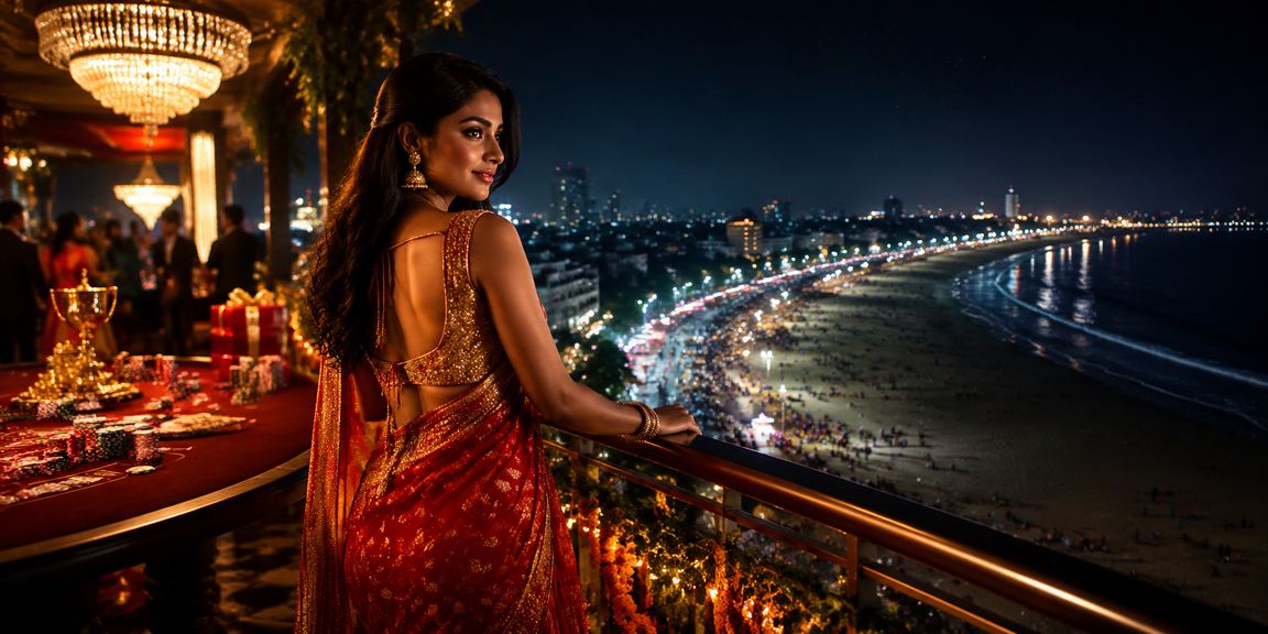 Chennai player using mobile app for live casino in traditional Indian attire by Marina beach