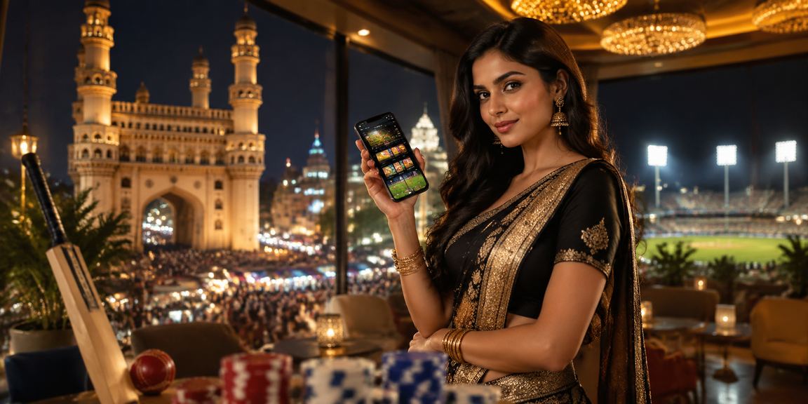 Evening cricket betting market in Hyderabad with illuminated Charminar view