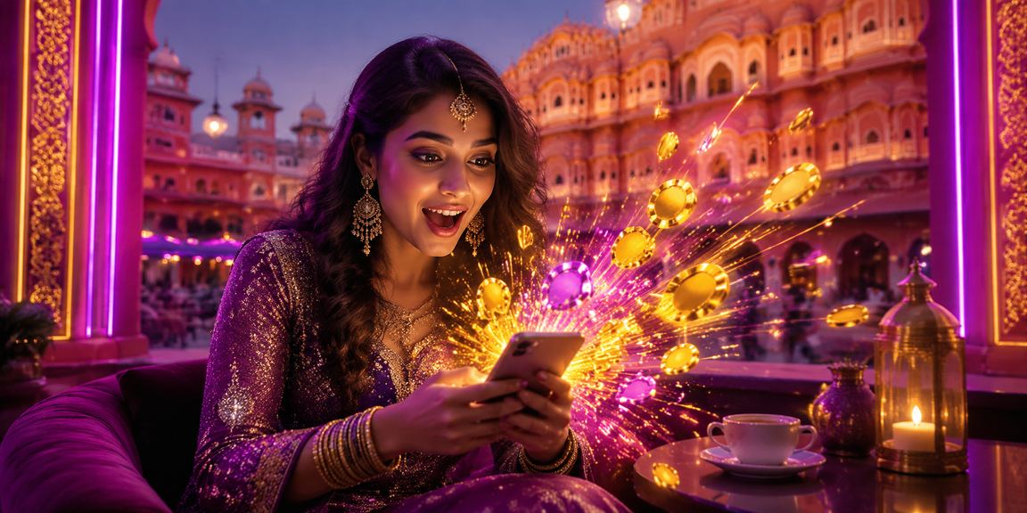 Jaipur local holding smartphone showing 400030 lottery platform with neon background